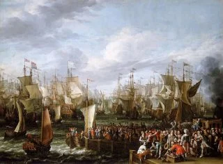 De enorme vloot van Willem III vertrekt 19 oktober 1688 uit Hellevoetsluis. (Abrahem Storck, National Maritme Museum,Greenwich)