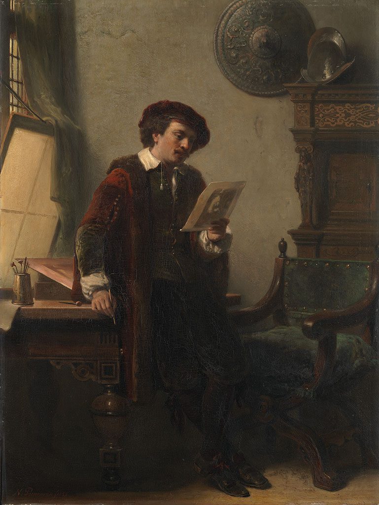 Rembrandt in zijn atelier, 1852. Schilder: Nicolaas Pieneman (1809-01-01 - 1860-12-30).