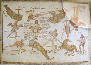 Bron: Musée de Sousse. Mozaïekvloer uit Smirat in huidig Tunesië, ca 225-250 n. Chr. Te zien is de strijd tussen vier luipaarden en vier venatores van de Telegenii, daarnaast zijn de goden Diana en Dionysos en waarschijnlijk Magerius, die het schouwspel bekostigd heeft, en een bediende met vier geldzakken afgebeeld.