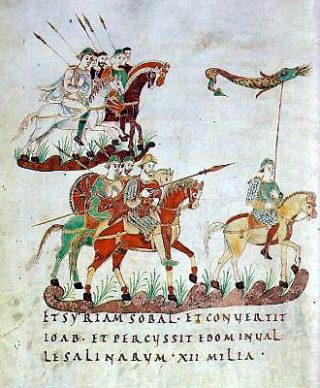 Karolingische ruiterij uit het Psalterium Aureum. Bron: St. Gallen, Stiftsbibliothek, Cod. 22, saec. IXex, p. 140.