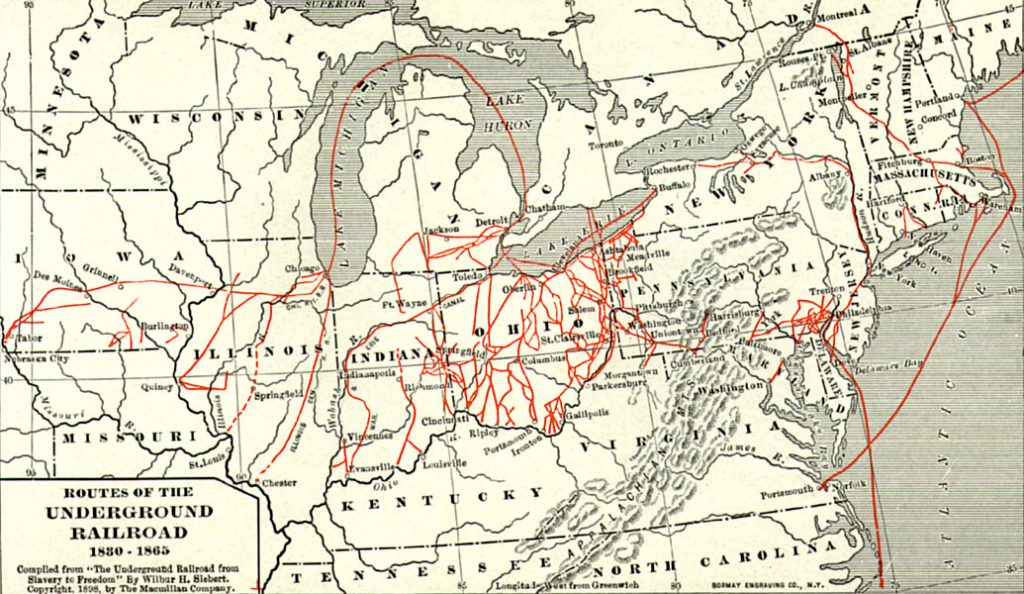 Kaart met verschillende routes van de Underground Railroad