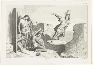 Jan van Schaffelaar springt van de toren, 1482, Jan van der Veen (prentmaker), naar Antonie Frederik Zürcher, 1853 - 1861 (Rijksmuseum)