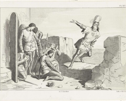 Jan van Schaffelaar springt van de toren, 1482, Jan van der Veen (prentmaker), naar Antonie Frederik Zürcher, 1853 - 1861 (Rijksmuseum)
