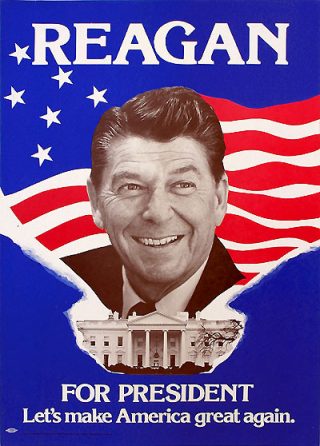 Verkiezingsposter van Ronald Reagan uit 1980 waarbij hij de slogan 'Make America Great Again' lanceerde