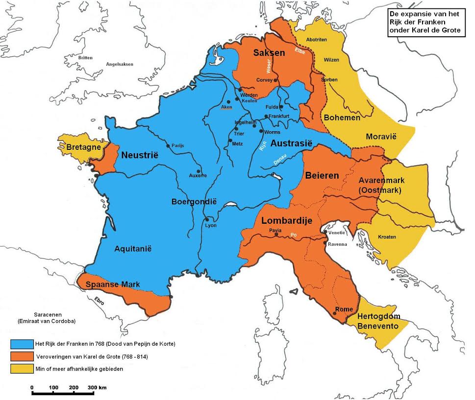 Frankenrijk: veroveringen onder Karel de Grote. Bron: Wikimedia