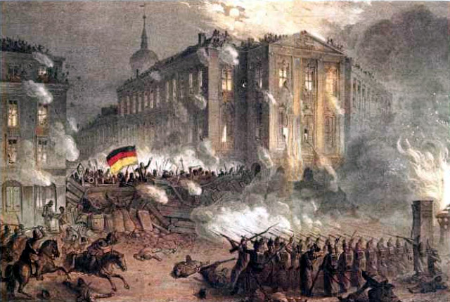 Onrust op de ALexanderplatz, Berlijn 1848. Bron: Wikimedia (Eng.)