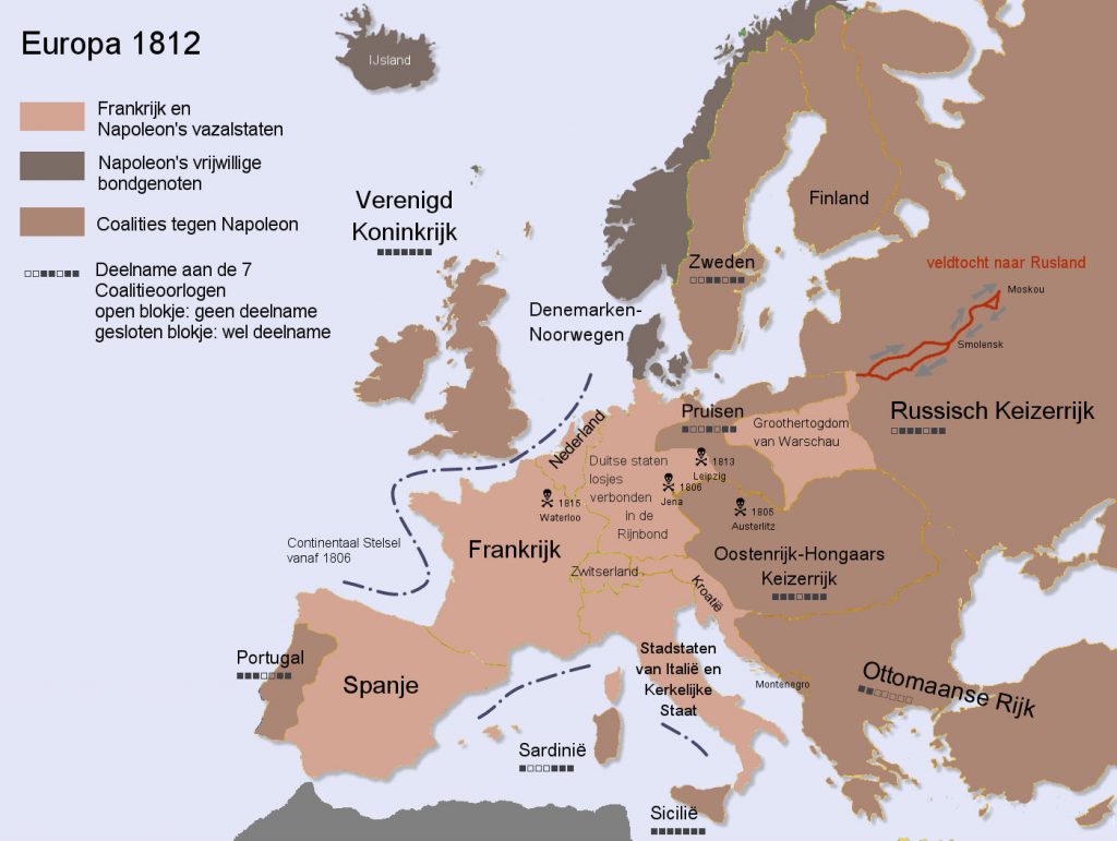 Kaart met de veroveringen van Napoleon. Bron: www.tijdgeest.eu