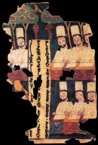 Manicheese priesters aan schrijftafels, voorzien van tekst in het Sogdisch. Manuscript uit Khocho, in het Tarimbekken.