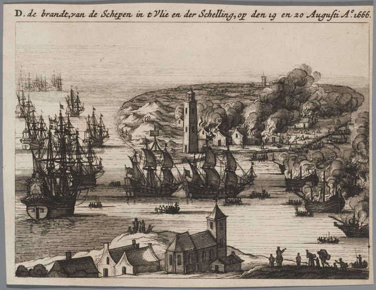 Prent ‘De brandt, van de Schepen in t Vlie en der Schelling, op den 19 en 20 Augusti, 1666’. Amsterdam Museum, A 18202.