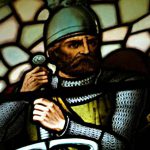 William Wallace, ook bekend van de film Braveheart, afgebeeld in een glas-in-lood-raam in Stirling, Schotland (CC BY-SA 3.0 - Otter - wiki)