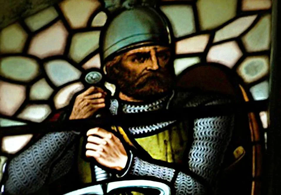 William Wallace, ook bekend van de film Braveheart, afgebeeld in een glas-in-lood-raam in Stirling, Schotland (CC BY-SA 3.0 - Otter - wiki)