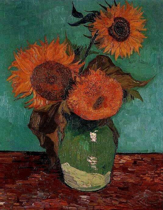 Vaas met drie zonnebloemen (Arles, augustus 1888). Privécollectie, Verenigde Staten