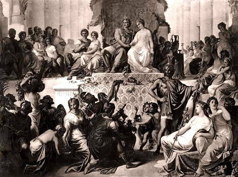 Het massahuwelijk te Susa, waarbij Alexander met Stateira trouwde en Hephaiston met Drypetis.