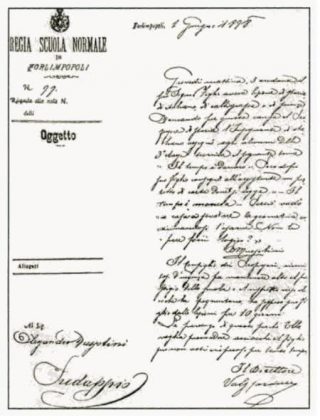  Brief van school waarin staat dat Mussolini voor tien dagen geschorst is vanwege zijn gedrag. Bron: Brenda Haugen, Benito Mussolini. Fascist Italian  Dictator (Minneapolis: Compass Point, 1998) 19.