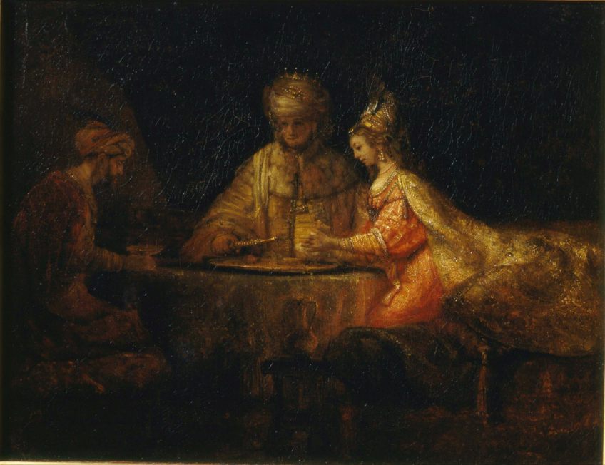 Ahasveros en Haman aan het feestmaal van Esther, door Rembrandt