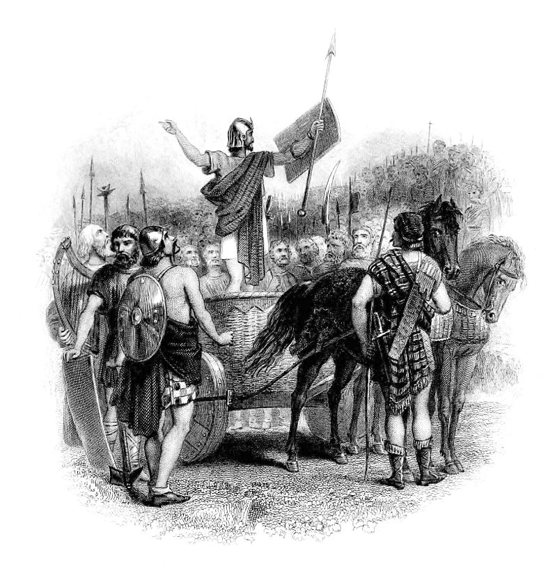 Calgacus spreekt zijn manschappen toe (19e-eeuwse afbeelding)