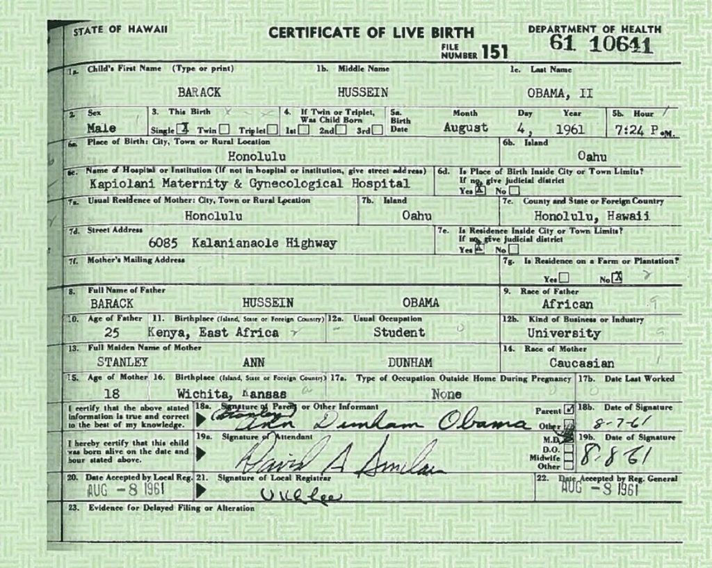 Geboortebewijs van Barack Obama