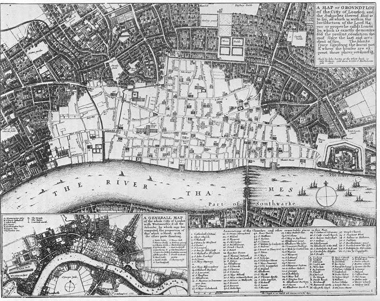 Getroffen gebied op een kaart uit 1667 (The National Archives)