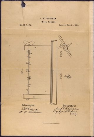 Patenttekening van Joseph Glidden voor het prikkeldraad