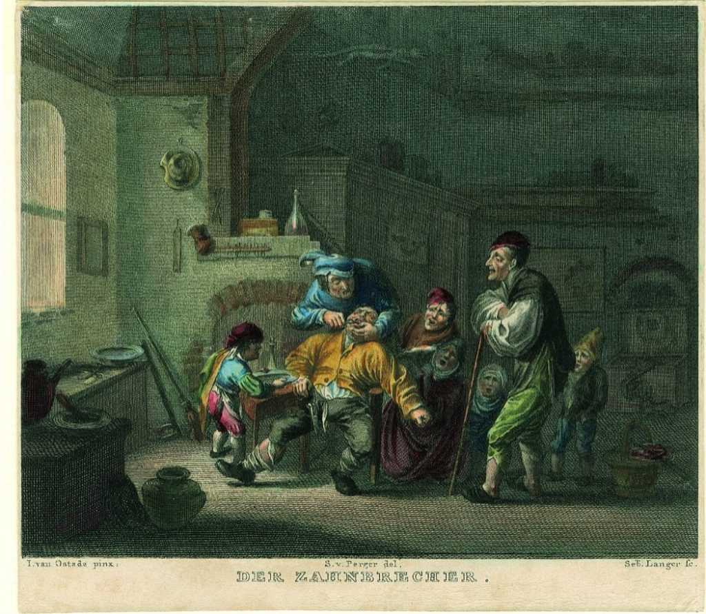 Sebastian Langer naar Adriaan van Ostade Der Zahnbrecher, ca. 1835-1840 staal gravure, met de hand gekleurd, 88 x 107 mm