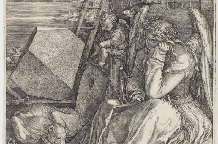 Albrecht Dürer, Melancholie I, Mědiryt, 24,2 × 19,1 cm. (Londen, 1514)