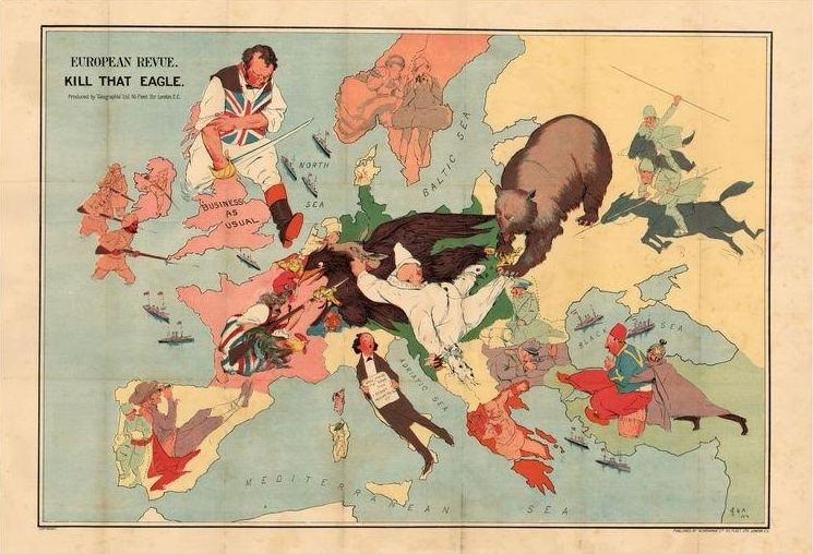 Satirische kaart van 1914 die Groot-Brittannië voorstelt als het land dat net zoals vroeger tussenbeide komt in een Europese oorlog. Ook de Eerste Wereldoorlog was voor Albion ‘business as usual’. Deze keer was de Duitse adelaar een bedreiging voor de Britse belangen. (raremaps.com)