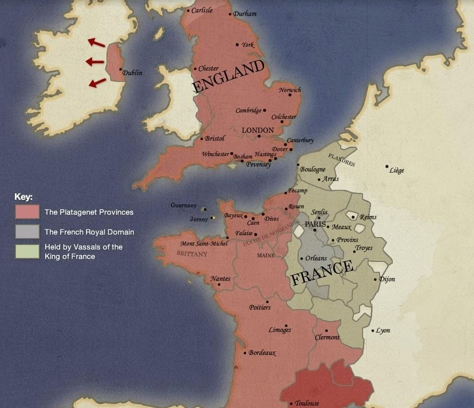 Het Anglo-Normandische rijk op haar hoogtepunt tijdens de 12de eeuw onder de heerschappij van de dynastie van de Plantagenets (normanconnections.com)