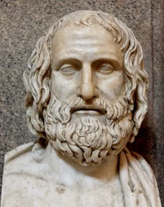 Marmeren buste van Euripides. Romeinse kopie van een Grieks origineel uit de 4e eeuw v.Chr. Museo Pio-Clementino te Rome.