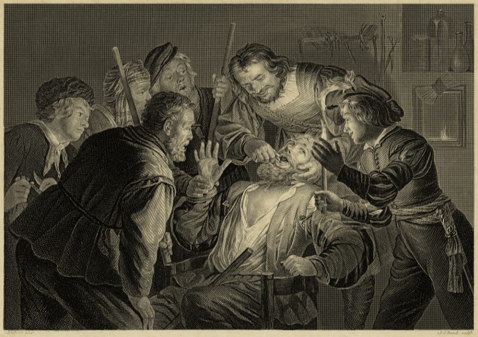 D.J. Pound naar Gerard van Honthorst The Toothdrawer - Der Zahnbrecher, ca. 1840 staalgravure, 125 x 181 mm