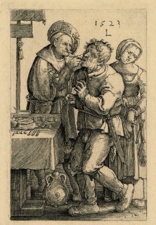 - Lucas van Leyden De rondreizende tandentrekker, 1523 gravure, 116 x 74 mm
