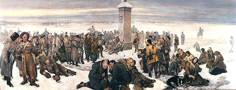 "Vaarwel Europa!" - Een schilderij van Aleksander Sochaczewski dat de verbanning van een aantal Polen na de mislukte Januariopstand van 1863 als onderwerp heeft. 