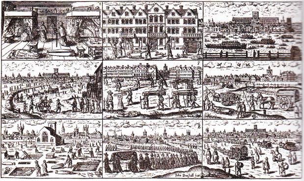 ‘Beeldverhaal’ van de pest in 1665  door John Dunstall. Te zien zijn mensen die de stad ontvluchten en massagraven die worden gevuld.
