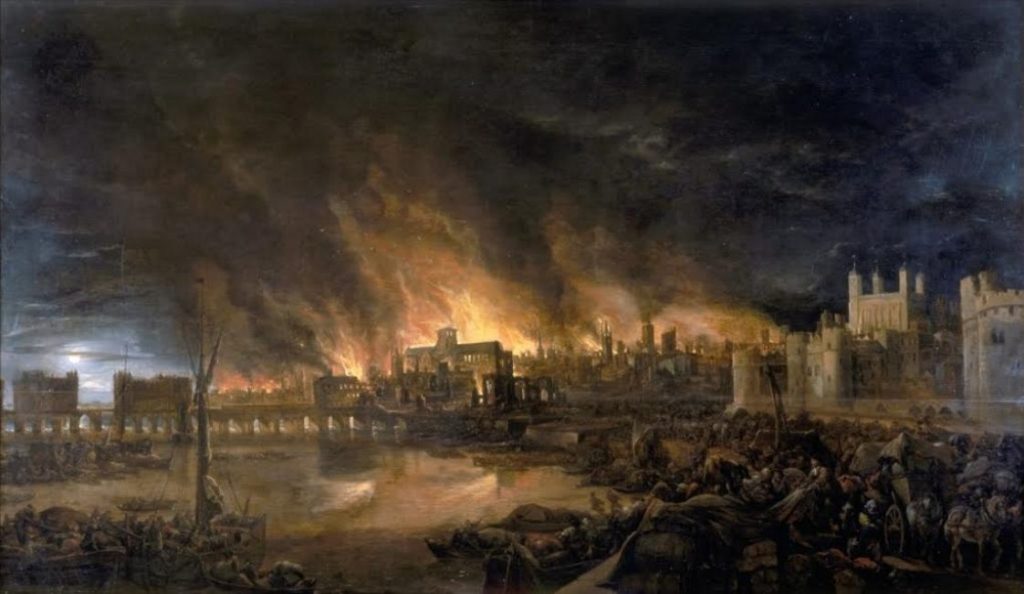 ‘The Great Fire of London’, onbekende schilder, 17e eeuw. Rechts The Tower, die niet door het vuur werd getroffen.