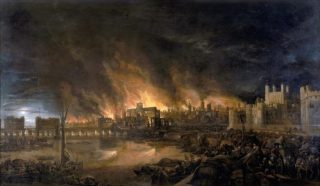 ‘The Great Fire of London’, onbekende schilder, 17e eeuw. Rechts The Tower, die niet door het vuur werd getroffen.