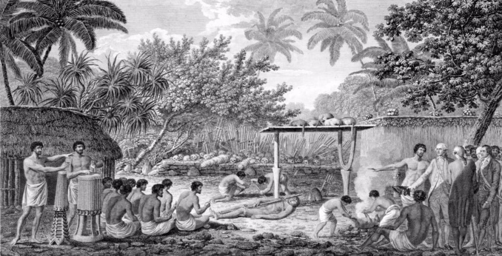 James Cook is er getuige van hoe op Tahiti een mensenoffer wordt gebracht, ca. 1773