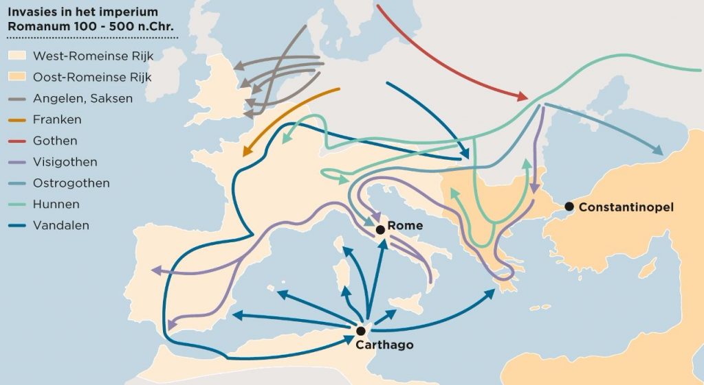 Afbeelding van de voornaamste invasies in het Romeinse Rijk vanaf 100 n.C. tot 500 n.C. (Bron: https://fd.nl/economie-politiek/1123359/migratie-is-de-motor-van-de-geschiedenis, 2015)