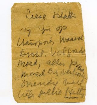 Afscheidsbriefje van Hetty Voûte (1918-1999, collectie NM Kamp Vught)
