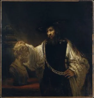 Aristoteles peinzend bij een borstbeeld van Homerus (1653) door Rembrandt van Rijn