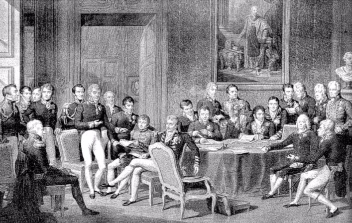 Het Congres van Wenen. De Oostenrijkse voorzitter Metternich staat links voor de stoel. De Franse diplomaat Talleyrand zit rechts met de arm op tafel. Op het schilderij aan de muur is keizer Frans I van Oostenrijk te zien. (Wikipedia - tekening Jean Baptiste Isabey)