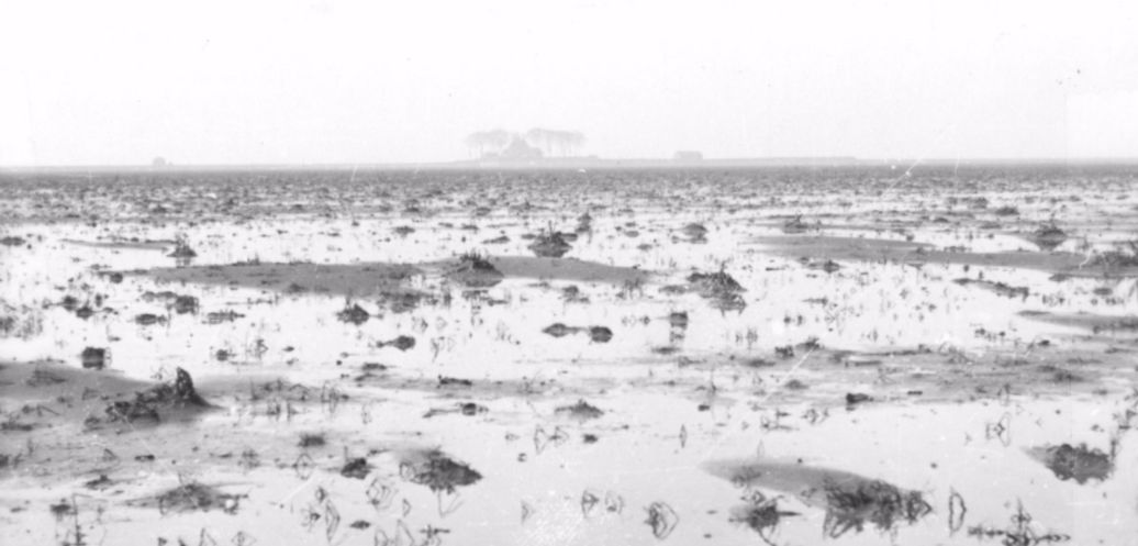 De net drooggevallen Noordoostpolder, met op de achtergrond Schokland, 1941