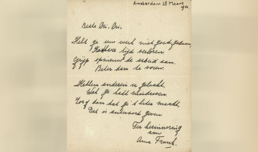 Handgeschreven gedichtje Anne Frank onder de hamer (Bubb Kuyper)