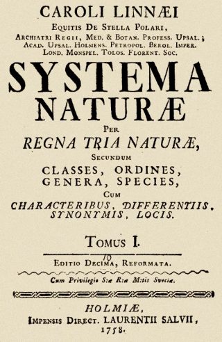 Titelblad van de tiende editie van Linnaeus's Systema naturae (1758)