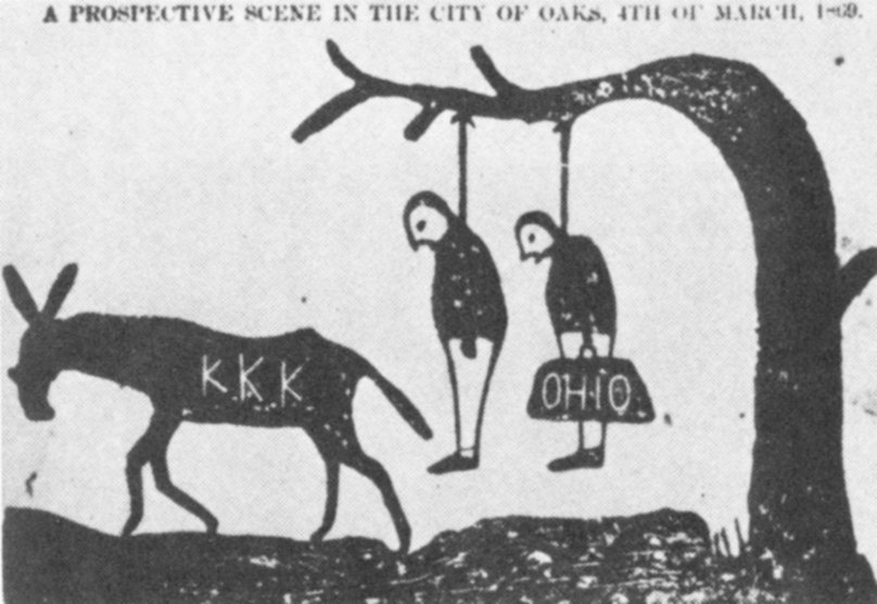 Een stripje van de Ku Klux Klan; bedreiging met ophanging voor "carpetbaggers" uit Ohio