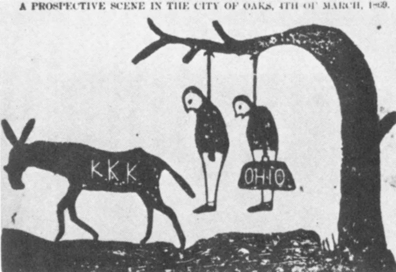 Een stripje van de Ku Klux Klan; bedreiging met ophanging voor "carpetbaggers" uit Ohio