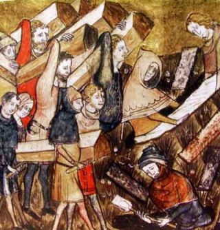 Begrafenis van pestslachtoffers te Doornik. (Kroniek van Gilles Li Muisis (1272-1352))