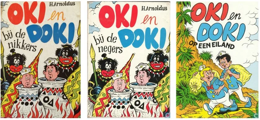 Oki en Doki bij de nikkers (1957), Oki en Doki bij de negers (1971) en Oki en Doki op een eiland (1982)