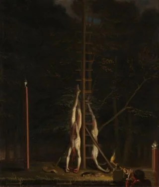De verminkte lijken van de gebroeders De Witt, opgehangen op het Groene Zoodje aan de Vijverberg te Den Haag, 1672 (Jan de Baen)