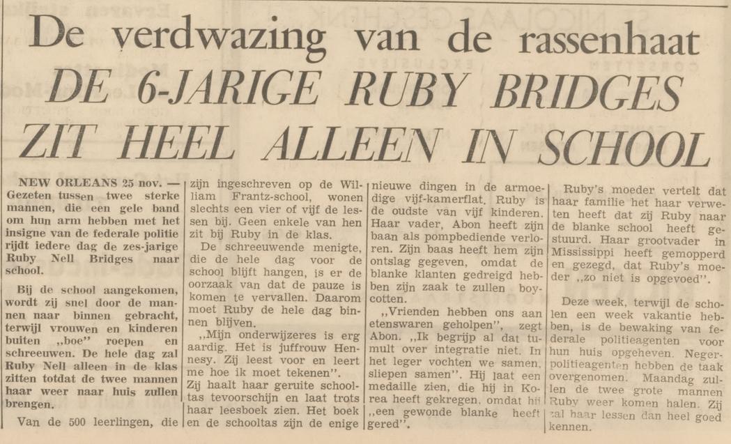 Bericht in het 'Nieuwsblad van het Zuiden' over Ruby Bridges, 25-11-1960 