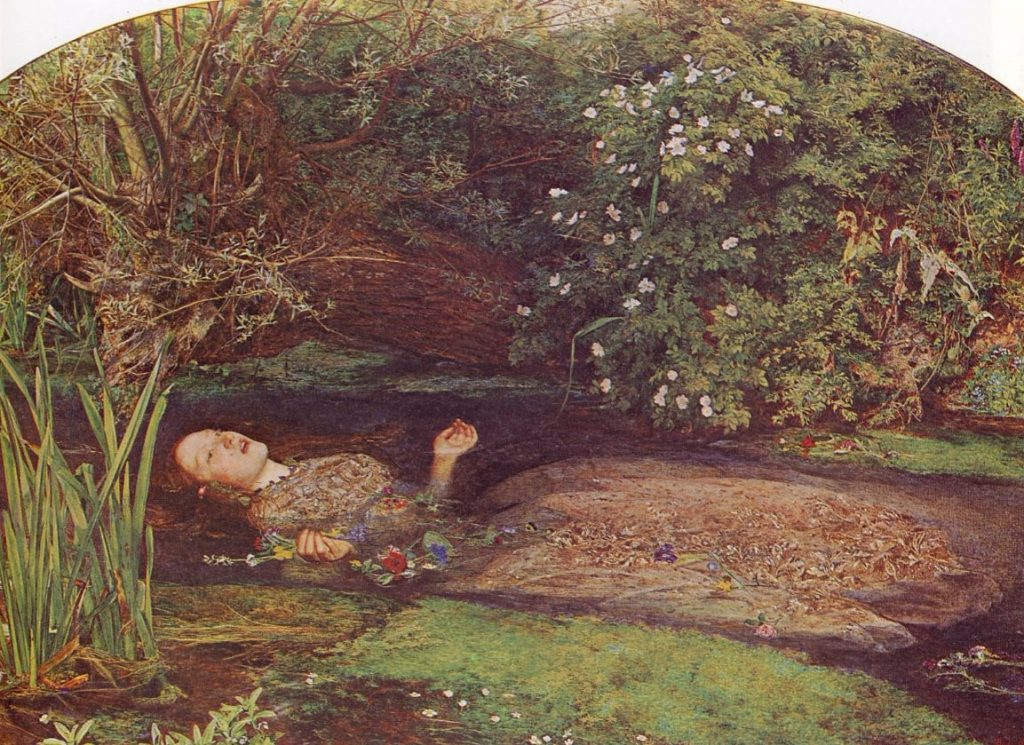 John Everett Millais, Ophelia, 1851-1852 - Model Elizabeth Siddal (1829-1862) kroop in de rol van Shakespeare’s Ophelia. In Hamlet wordt Ophelia tot waanzin gedreven, waarop ze zelfmoord pleegt. Dagenlang poseerde Elisabeth Siddal in een kuip met koud water, waardoor haar gezondheid ernstig werd aangetast. (Wikipedia)