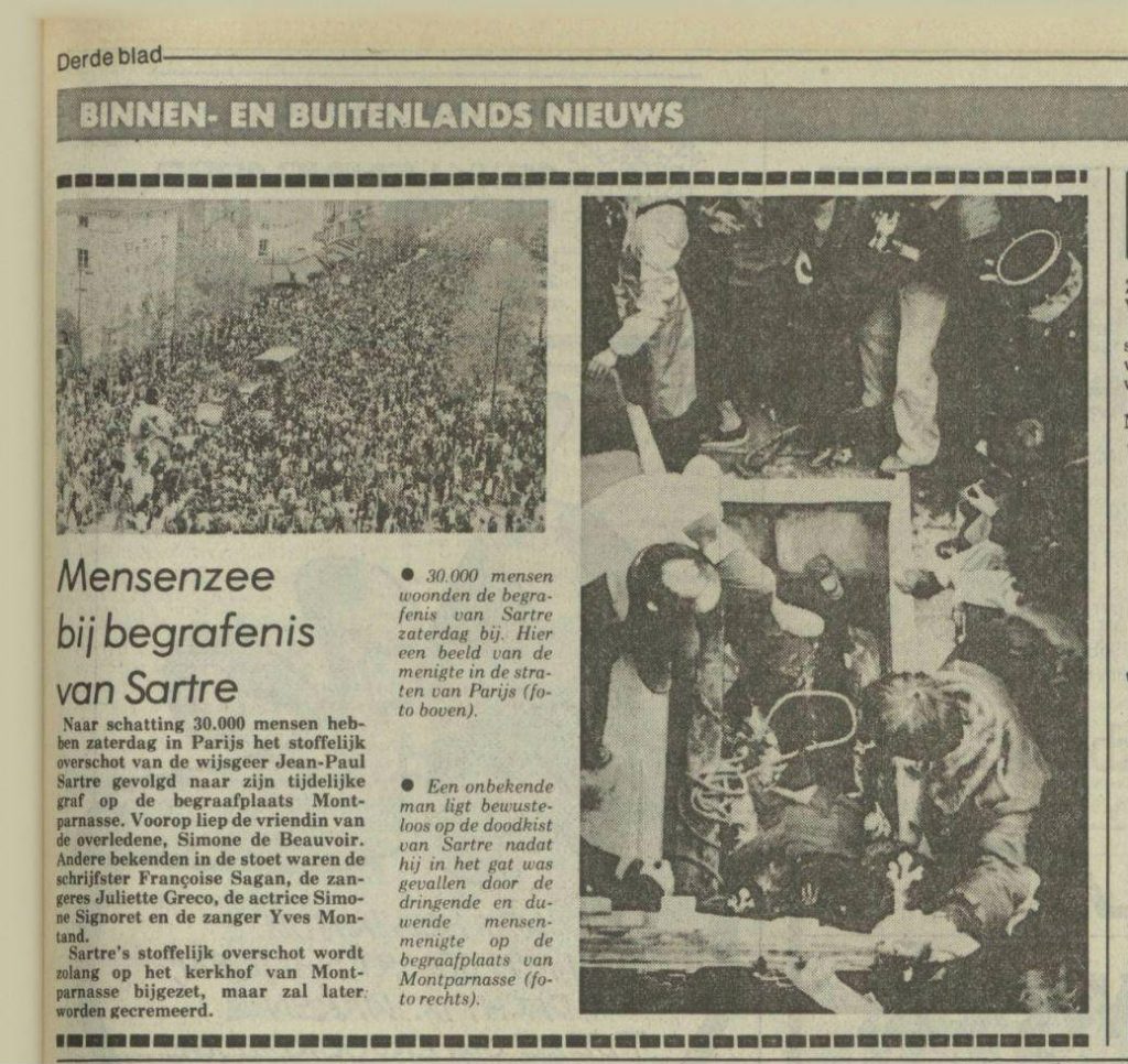 Krantenbericht over de begrafenis van Jean-Paul Sartre (Nieuwsblad van het Noorden, 21 april 1980 - Delpher)